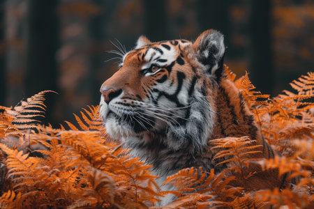 Close-up Portrait of a Tiger with Orange Ferns in the Backgroundの素材
