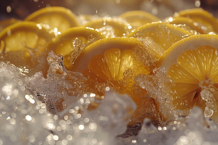 Close-up of Lemon Slices in Ice Water with Bokehの素材