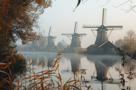 Dutch Windmills on a Misty Canalの素材