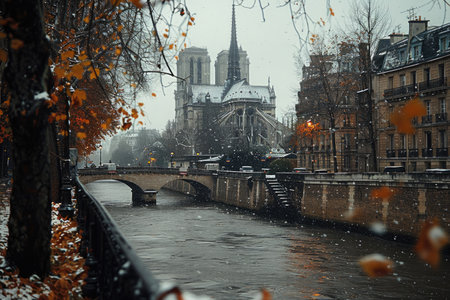 Notre Dame Cathedral in Paris during a Snowy Dayの素材