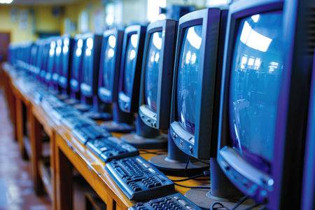 Row of vintage CRT monitors with keyboards in a classroomの素材