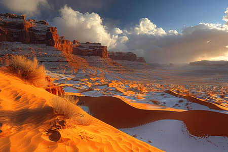 Snow-Covered Sand Dunes and Red Rock Cliffs in a Desert Landscapeの素材