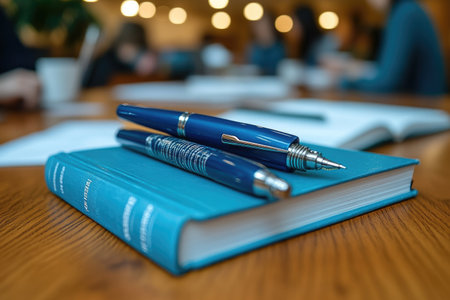 Blue Pens Resting on a Closed Blue Book on a Wooden Deskの素材