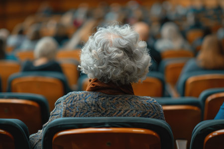 Elderly woman with curly white hair sitting in an auditoriumの素材