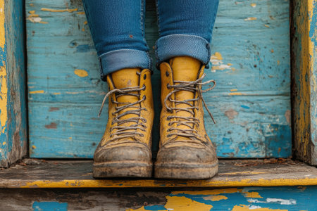 Worn Yellow Boots Resting on a Blue and Yellow Wooden Surfaceの素材