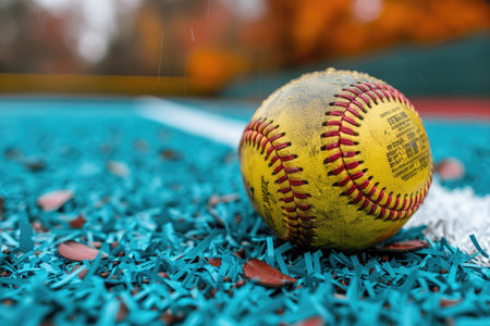 Worn Softball Resting on Blue Turf with Rain Fallingの素材