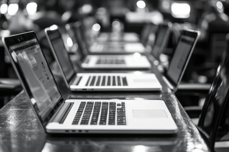 Close Up of a Laptop Keyboard on a Table with Blurred Backgroundの素材