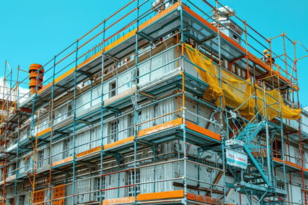 Building renovation with scaffolding and protective nettingの素材