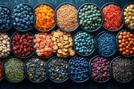 Assortment of Dried Seeds and Berries in Black Bowlsの素材