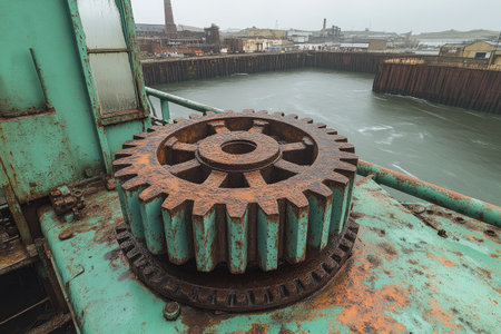 Rusty Gear Wheel on a Green Metal Surfaceの素材