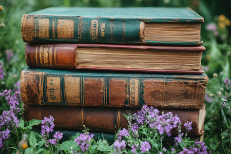 Stack of Vintage Books in a Garden Settingの素材