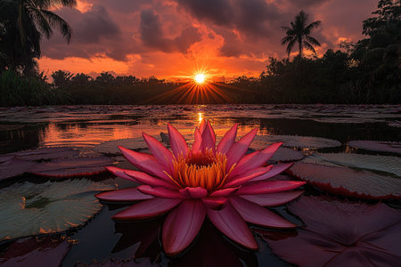Pink Water Lily Blooming at Sunset in a Tropical Pondの素材