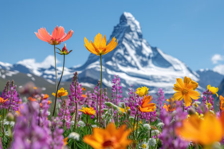 Bright Flowers Blooming in Front of a Snow-Covered Mountain Peakの素材