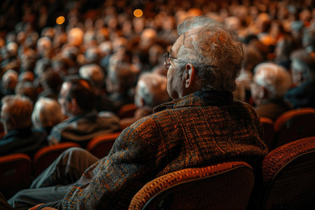 Elderly man watches an event in a crowded theaterの素材