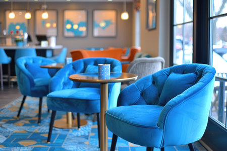 Blue Velvet Chairs in a Modern Cafe Interiorの素材