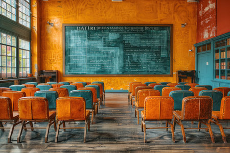 Classroom with rows of chairs facing a chalkboardの素材
