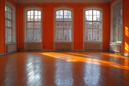 Empty Room with Sunlight Streaming Through Windowsの素材