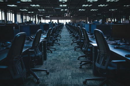 Empty Office Space With Black Desks and Computersの素材