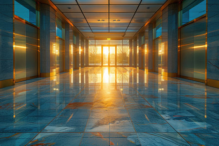 Modern Building Entrance with Golden Sunset Reflectionの素材