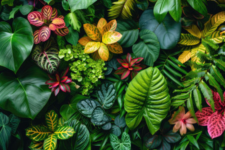 Lush Tropical Foliage with Vibrant Red, Yellow, and Green Leavesの素材