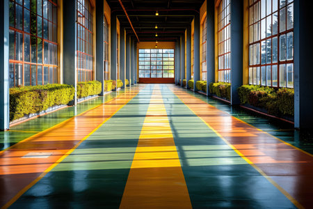 A Colorful Industrial Hallway with Sunlight Streaming Through Windowsの素材