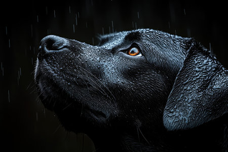 Black Labrador Retriever Looking Up in the Rainの素材