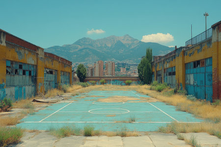 Abandoned Basketball Court with Overgrown Grass and Cityscape in the Distanceの素材