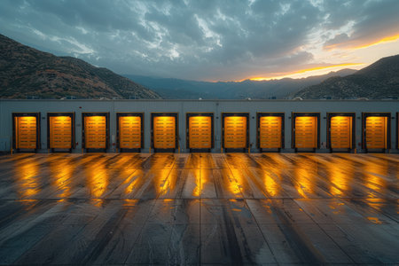 Industrial Building with Yellow Loading Doors at Sunsetの素材