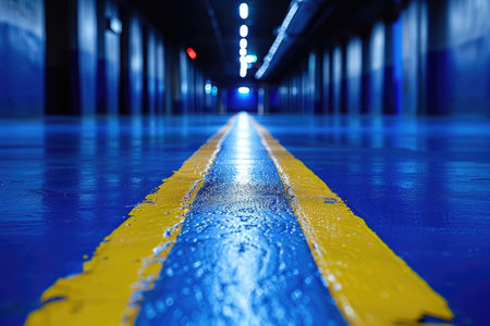 Yellow and Blue Lines on Wet Concrete in a Tunnelの素材