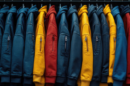A Row of Colorful Hooded Sweatshirts on Hangersの素材