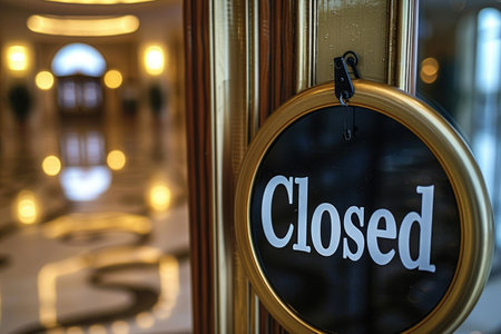 Gold Framed Closed Sign on a Wooden Doorの素材