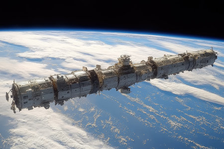 International Space Station orbiting Earth with clouds and blue ocean belowの素材