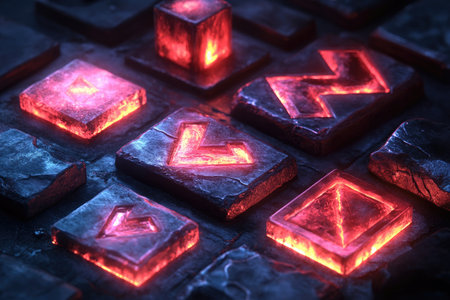 Glowing Red Symbols on Dark Stone Blocksの素材