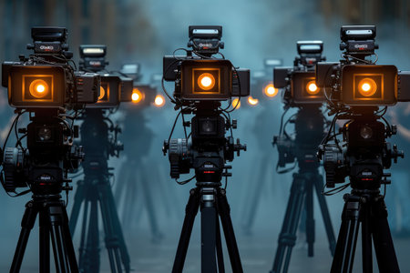 Professional Video Cameras on Tripods in a Filming Setupの素材