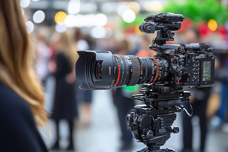 Professional Video Camera with Large Lens in a Blurry Crowded Settingの素材