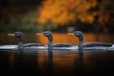 Three Cormorants Swimming in a Lake with a Blurry Autumn Backgroundの素材