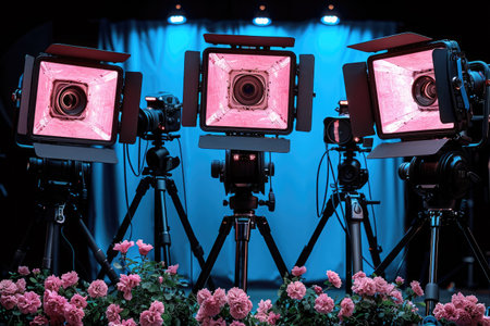 Three Professional Cameras Set Up on Tripodsの素材