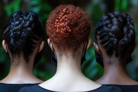Three Women With Braided Hairstyles Wearing Black Masksの素材