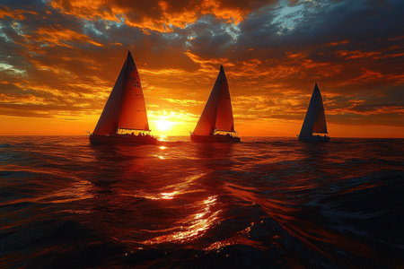 Sailboats Navigating a Crimson Sunset Over Rippling Waterの素材