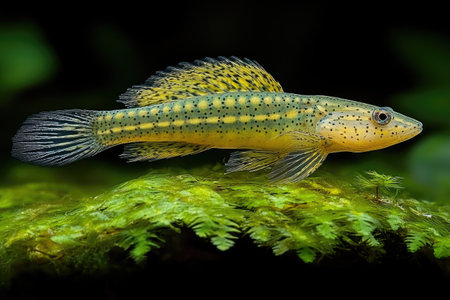 Yellow-Green Spotted Fish with Large Dorsal Fin on Mossの素材