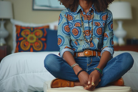 Woman Wearing Blue Patterned Shirt and Jeans Sitting on a Bedの素材