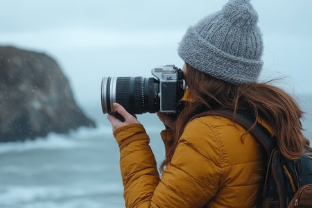Woman in a Grey Knit Hat Photographing a Stormy Seascapeの素材
