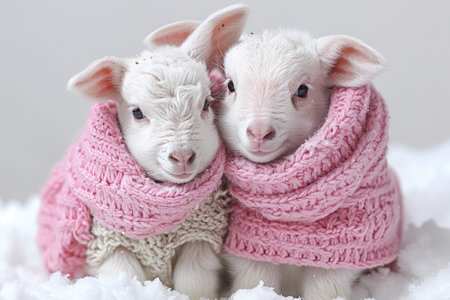 Two White Lambs Wearing Pink Knit Scarves in the Snowの素材