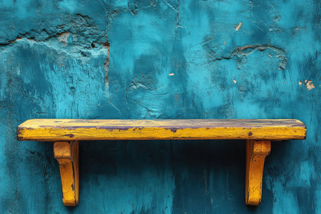Yellow Wooden Shelf Against Teal Textured Wallの素材