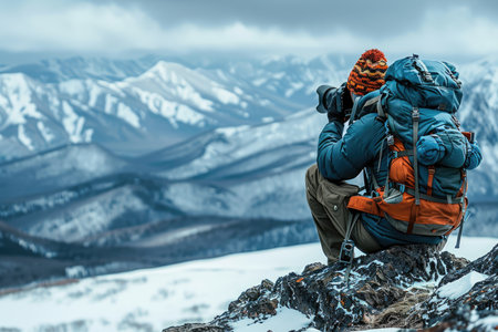 Backpacker Photographing a Snowy Mountain Landscapeの素材