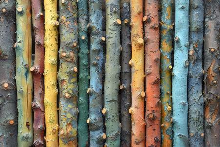 Close-up of a colorful wood fence made of painted tree branchesの素材