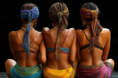 Three Women with Braided Hair and Colorful Scarvesの素材