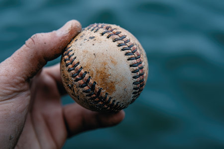 A Worn Baseball Held by a Hand Against a Water Backgroundの素材