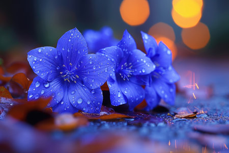 Blue Flowers with Dew Drops on a Wet Surfaceの素材