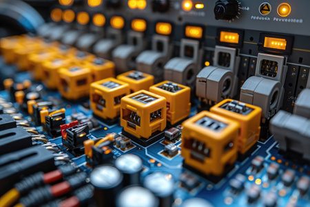 Close-up of a circuit board with yellow and gray components.の素材